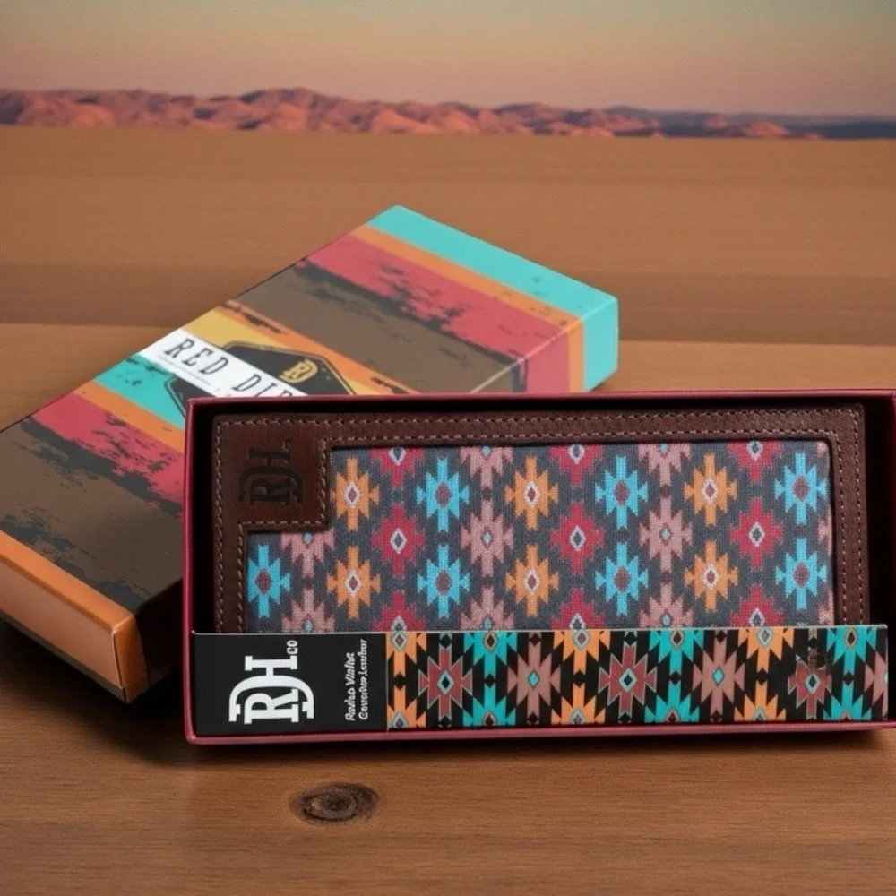 New Red Dirt Western Wallet Mens Rodeo Leather Southwestern Canvas Inlay Aztec